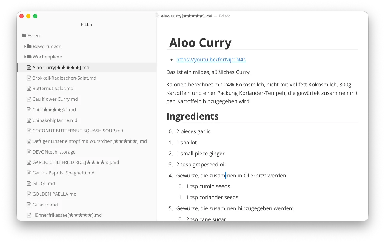 Ansicht des gesamten Ordners von Markdown-Dateien in Typora, sichtbar auch hier die Bewertungs-Tags im Dateinamen