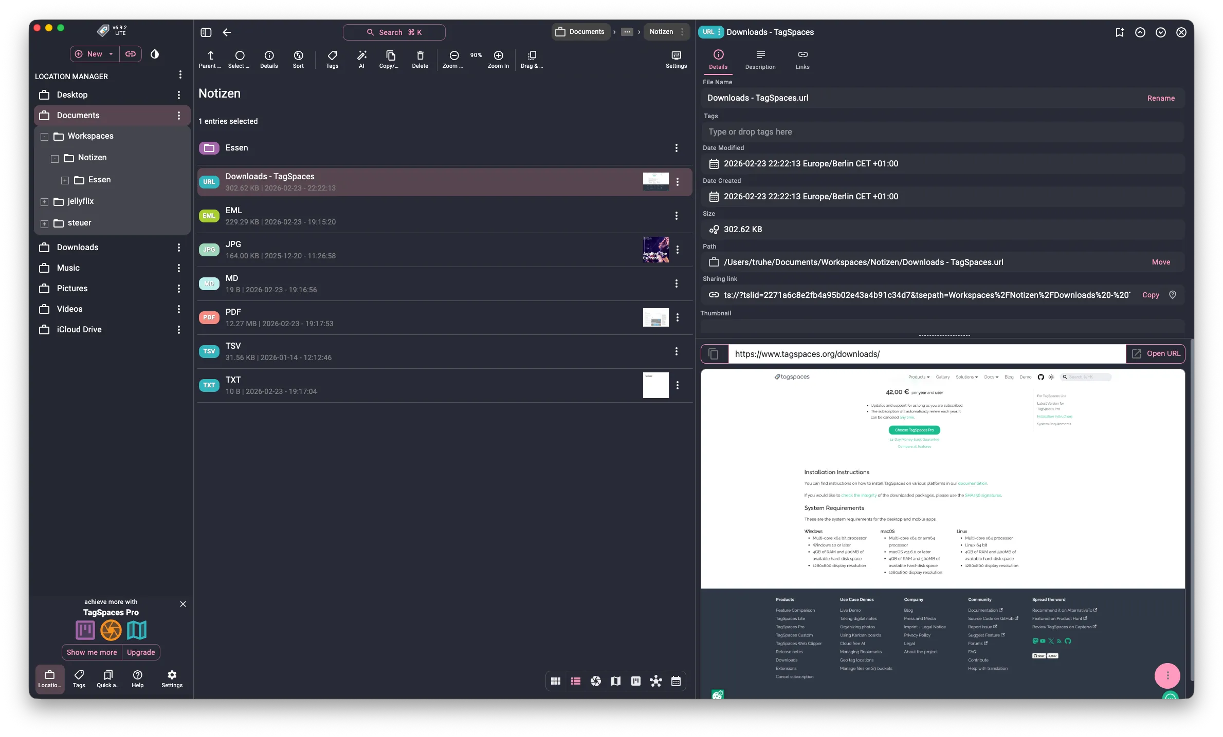 Gespeicherte URL in TagSpaces