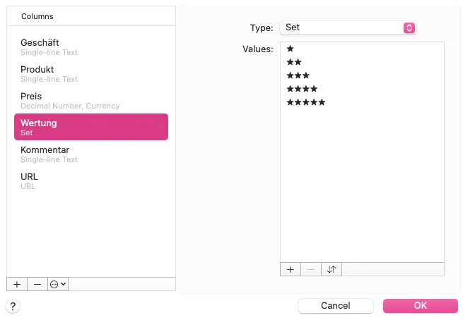 Devonthink-Spaltenkonfiguration